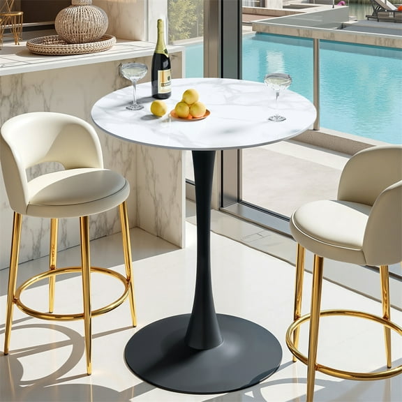 Wisfor Tulip Round 39.3" Counter Height Bar Table Pub Bar Bistro Party Table Sintered Stone Tabletop Stable Metal Pedestal Base, Glossy White Top & Black Leg