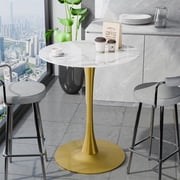 Wisfor Tulip Round 39.3 Counter Height Bar Table Pub Bar Bistro Party Table Sintered Stone Tabletop Stable Metal Pedestal Base, Glossy White Top & Gold Leg