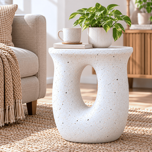 Geometric Lightweight Concrete Side End Table for Living Room Bedroom Storage, 16.7x12.9x17.7 inch,U-Shaped