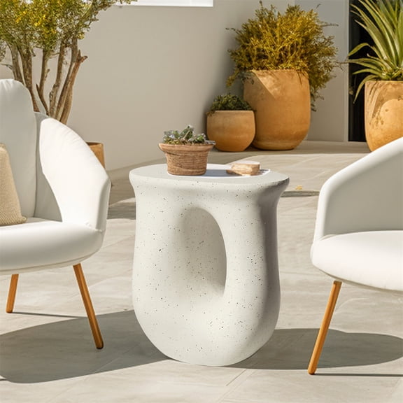 Wisfor U-shaped Geometric Concrete Side End Table Coffee Table Nightstand Lightweight for Living Room Bedroom Storage, 16.7x12.9x17.7 inch