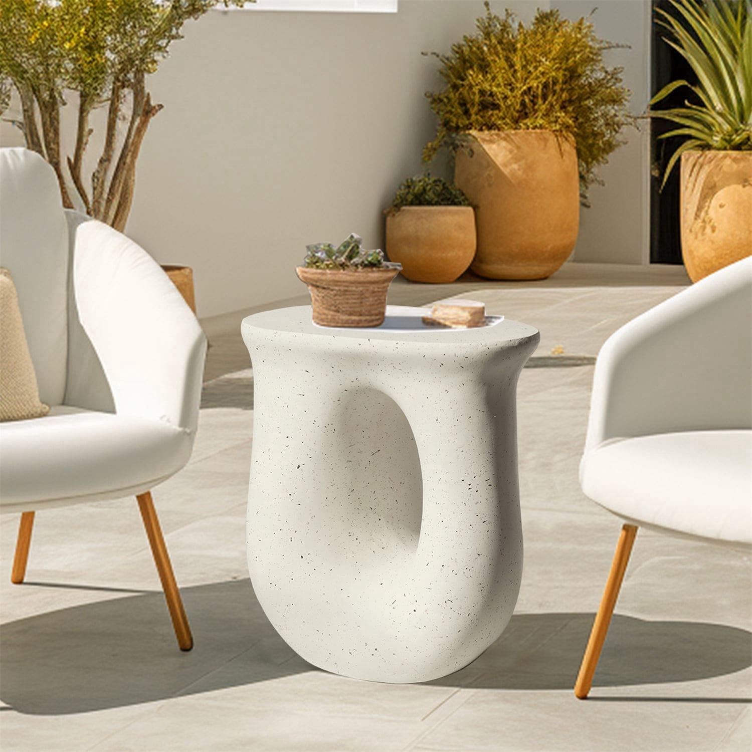Geometric Lightweight Concrete  Side End Table for Living Room Bedroom Storage, 16.7x12.9x17.7 inch,U-Shaped