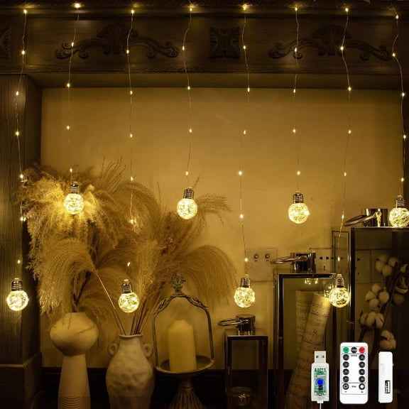 Wish Ball Curtain Lights 200 LED Window Fairy Light, USB/Battery Powered Twinkle Globe Curtain String Lights for Wedding Backdrop Room Dorm Party Christmas Decor (Warm White)