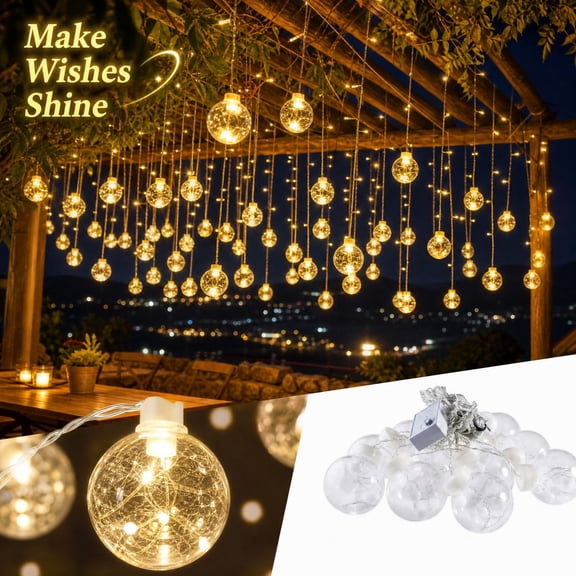 Wish Ball Curtain String Lights, Plastic Crackle Globe LED Fairy Lights, Hanging Wishing Ball Curtain Lights for Bedroom Window Patio Wedding Party Indoor Outdoor Decor, 9.84FT