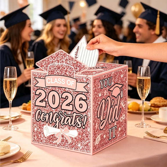Wish Card Box Class of 2026 Keepsake Pink Glitter Message Card Holder for Celebration Party Decor Table Centerpiece Blessing Collection Gift Box