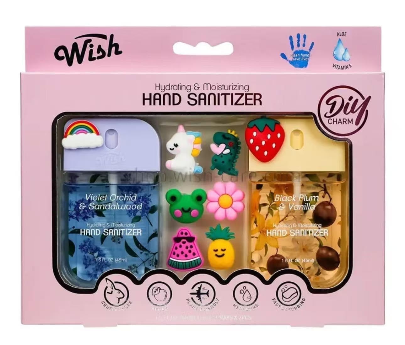 Wish Diy Charm Hand Sanitizer Spary Travel Size Spray 2-Pack Gift Box 1.5 FL OZ (45ML) Each, Dragonfruit, Coconut Cream, Golden Citrus,Cucumber,Sweet Guava Hydrating and Moisturizing