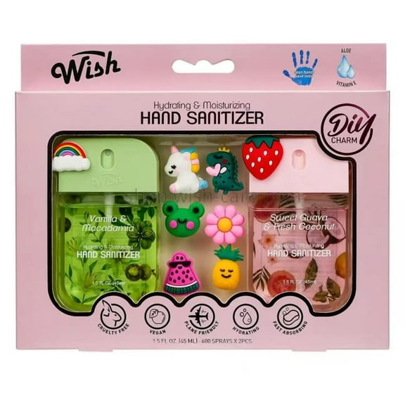 Wish Diy Charm Hand Sanitizer Spary Travel Size Spray 2-Pack Gift Box 1.5 FL OZ (45ML) Each, Dragonfruit, Coconut Cream, Golden Citrus,Cucumber,Sweet Guava Hydrating and Moisturizing