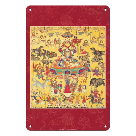 Wish-Fulfilling Gifts for Begtse Chen (Chamsing) - Vintage Tibetan Thangka Buddhist Painting - 8 x 12 inch Vintage Metal Tin Sign