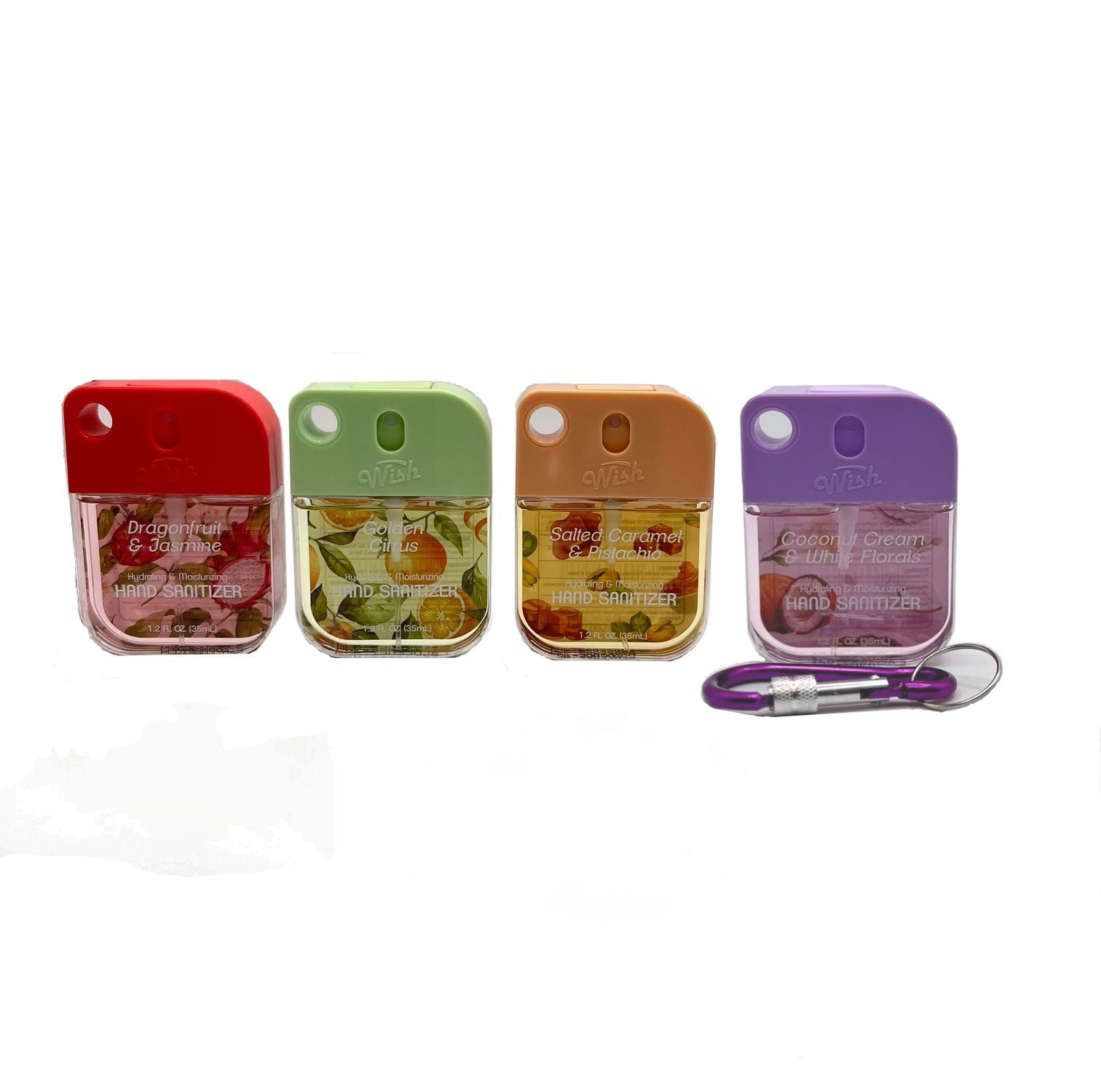 Wish Hand Sanitizer Spray 1.2 Fl Oz 4Pk(35ml) Holder PDQ With 1 Carabiner Clips