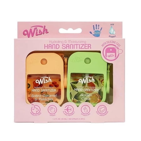 Wish Hand Sanitizer Spray 2 Pack With Silicone Case 1.2FL OZ(35ml)-Salted Caramel-Golden Citrus