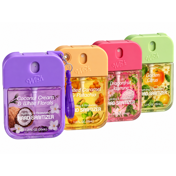 Wish Hydrating & Moisturizing Hand Sanitizer with Coconut Cream & White Florals, Golden Citrus, Dragon Fruit & Gardenia, Salted Caramel & Pistachio, 1.2 fl oz 4-Pack