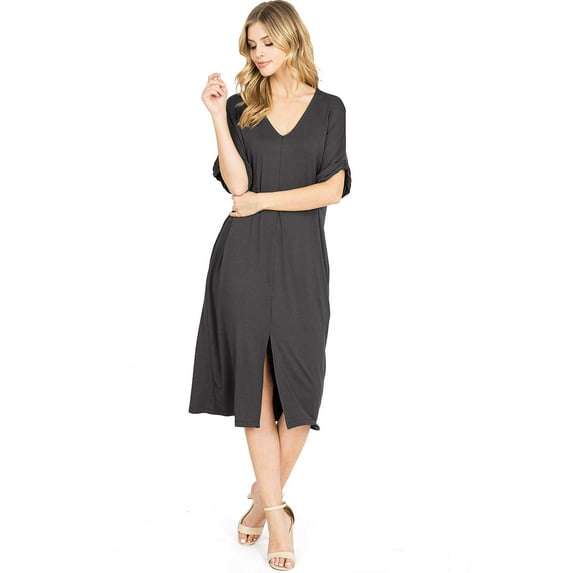Wish List Women's Casual V-Neck Midi T Shirt Dress (S/M, Charcoal)