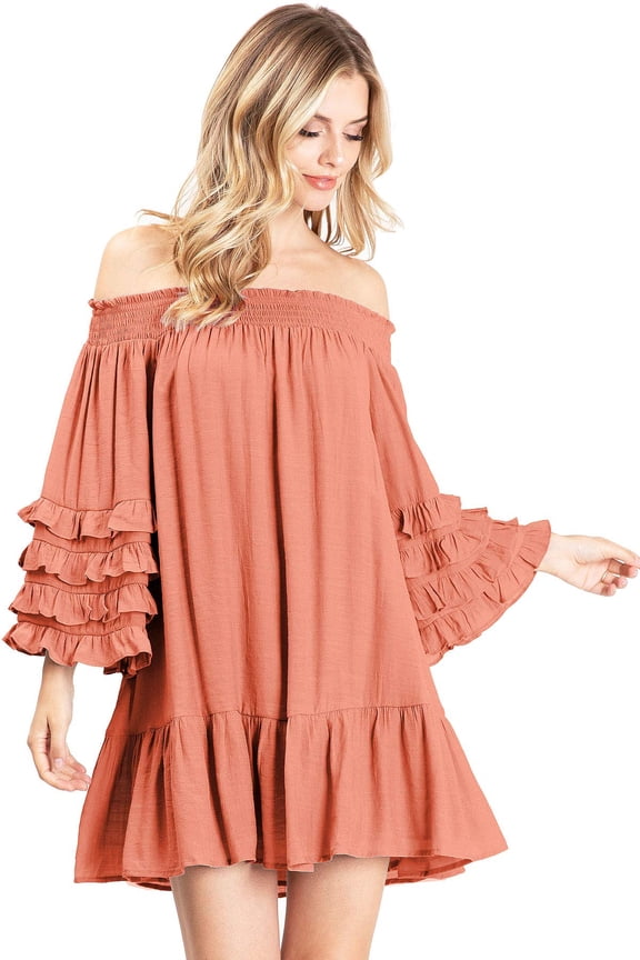 Women's Linen Off Shoulder Mini Shift Dress (Brick, M/L)