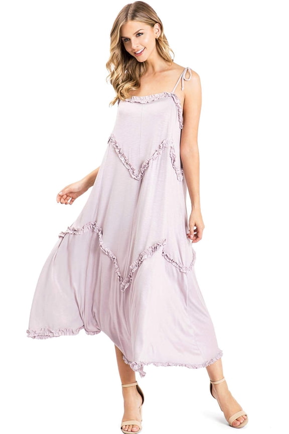 Women's Tie Strap Ruffle A-Line Midi Maternity Dress (Light Pink, Medium / Large)