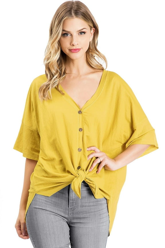 Wish List Womens Oversize Slouchy Short Sleeve Button Down Top (Mustard, M/L)