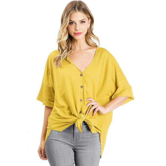 Wish List Womens Oversize Slouchy Short Sleeve Button Down Top (Mustard, S/M)