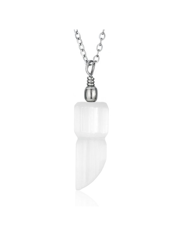 Selenite Crystal Pendant Necklace Healing Crystals & Stones for Energy Healing & Spiritual Protection Natural Stone Necklace with 1820" Adjustable Stainless Steel Chain (Pillar Cut)