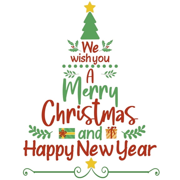 We Wish You a Merry Christmas and a Happy New Year Vinyl Wall Decal - Cheerful Theme for Holidays with Shining Lights on a Beautiful Green Tree with a Lot of Gifts from Santa Claus Artwork for Kid's B