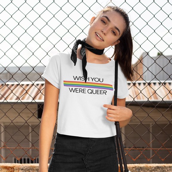 Wish You Were Queer Crop Tee, Trendy Pride Cropped Shirt, Cute Flowy , Fun LGBTQ Rainbow P
