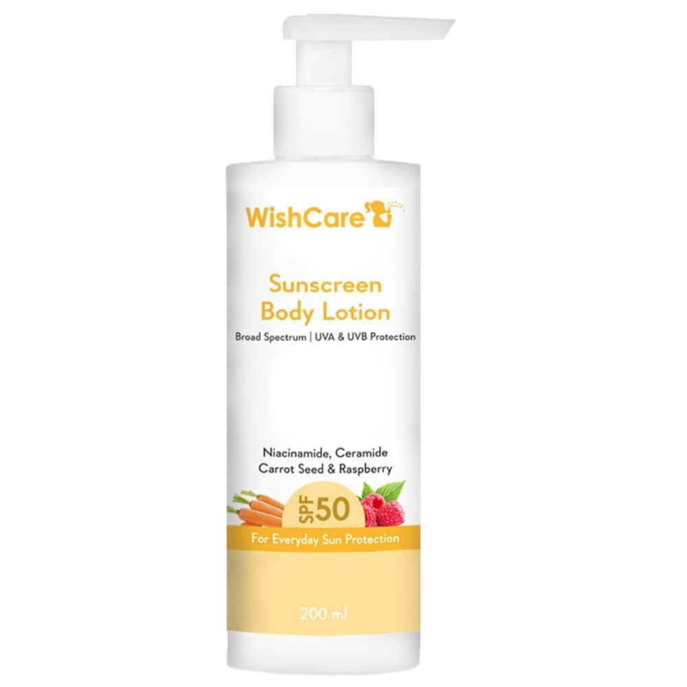 WishCare SPF50 Sunscreen Body Lotion - Broad Spectrum - UVA & UVB  Protection with No White Cast - With Carrot Seed & Raspberry - For Men &  Women - 200 