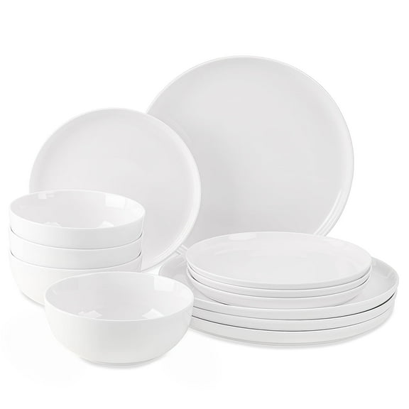 WishDeco Plates and Bowls Sets, 12 Pieces Dinnerware Sets, Ceramic Dishes Set for 4, White Kitchen Dishware Set, Microwave and Dishwasher Safe