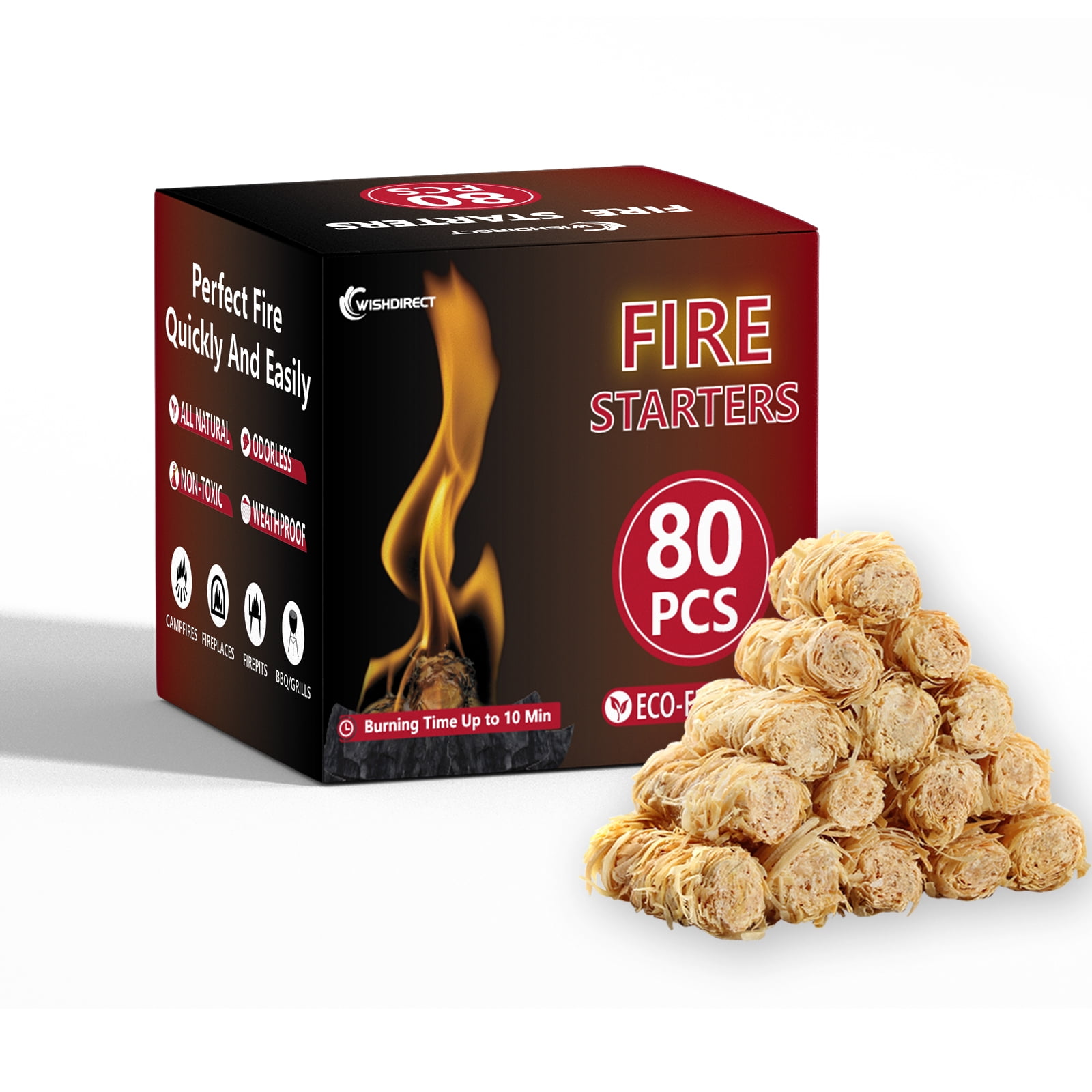 WishDirect Fire Starters for Campfires Fireplace (80 Pack) - Easy & Quick Charcoal Firestarter Fit for Kamado Joe Big Green Egg Wood Log Stick Briquette BBQ Barbeque Grill