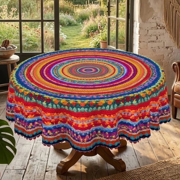 WishTree Colorful Bohemian Woven Cotton Tablecloth, 60 in Round