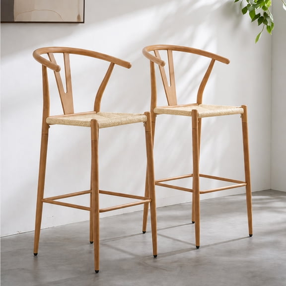 Wishbone Bar Stools Set of 2, Mid-Century Y Shaped Armchair for Counter, Woven Rope Pattern Seat for Dining, Bar
