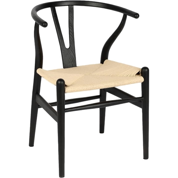 Wishbone Chair Natural Solid Wood Dining Chair/Hans Wegner Y Chair Rattan and Wood Accent Armrest Chairs - Ash Wood Chairs Set of 1 (Ash Wood - Black + Natural Color)