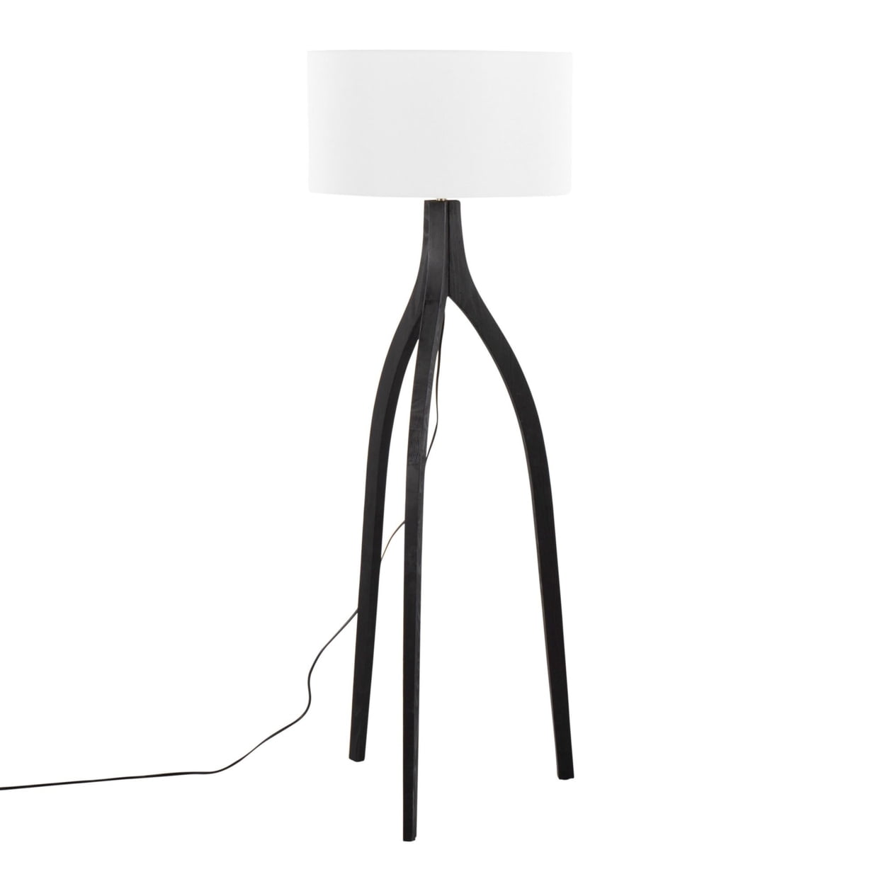 Adjustable Black Wood Tripod Floor Lamp with White Linen Shade
