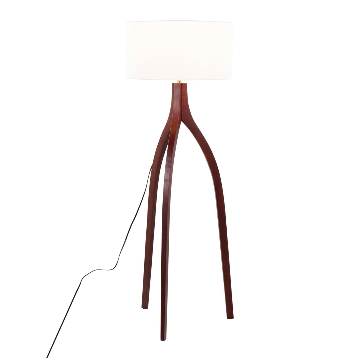 Adjustable Walnut Wood Tripod Floor Lamp with White Fabric Shade