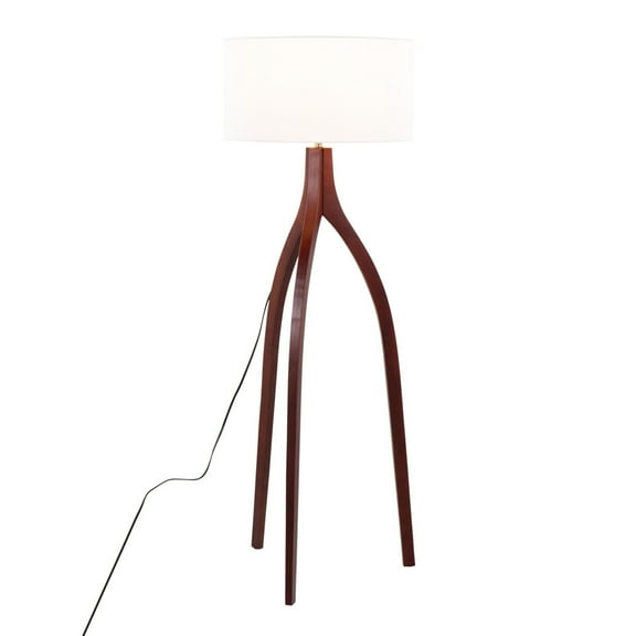 Wishbone Contemporary Floor Lamp in Walnut Wood with a White Fabric Shade by LumiSource