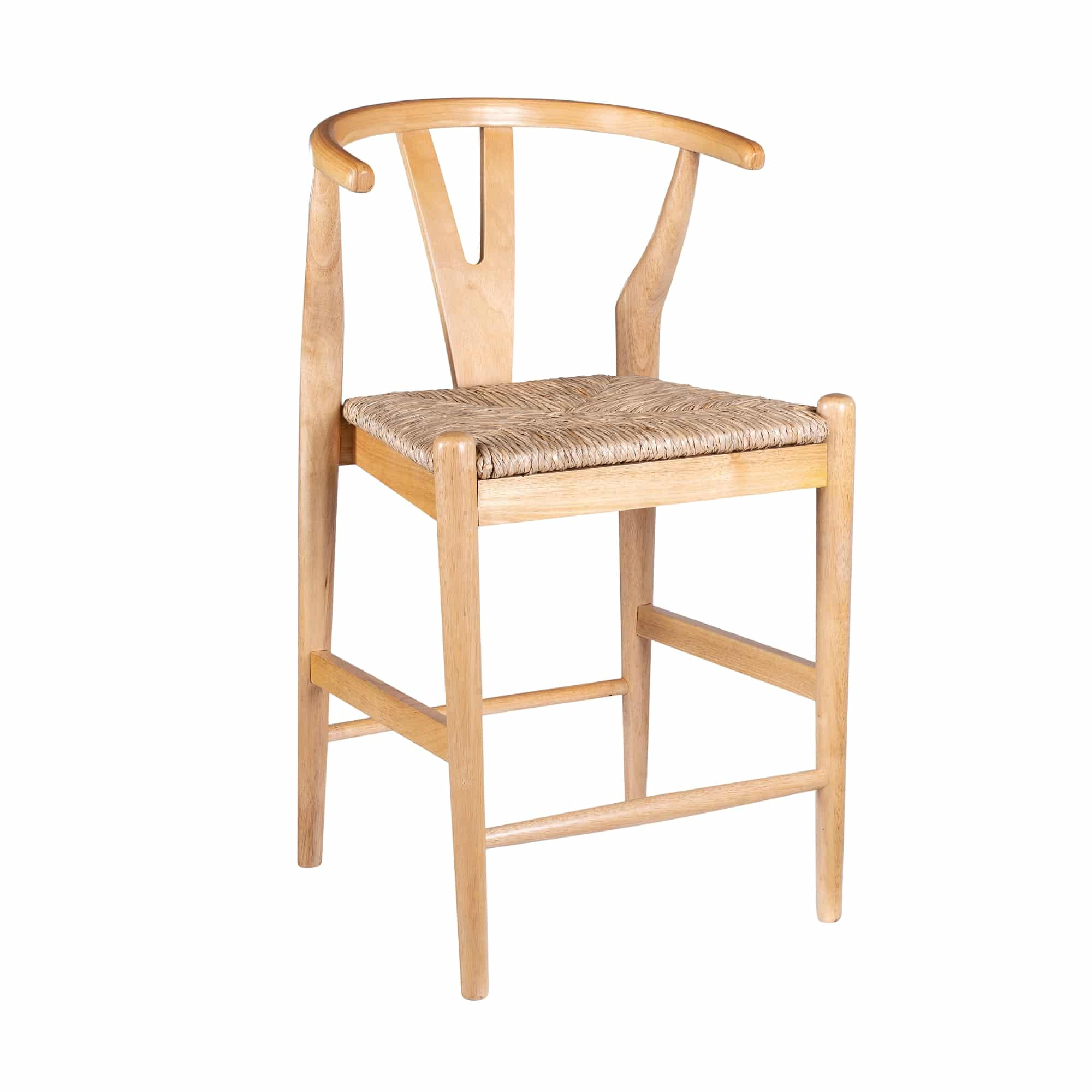 Natural Finish Rubberwood Wishbone Bar Stool with Woven Rush Seat