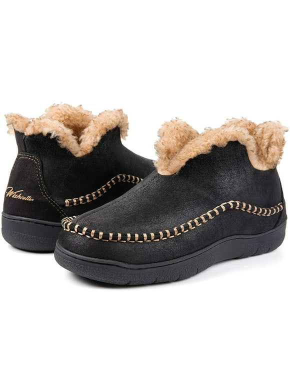 Wishcotton Men's Moccasin Bootie Slippers with Faux Wool Lined House Shoes