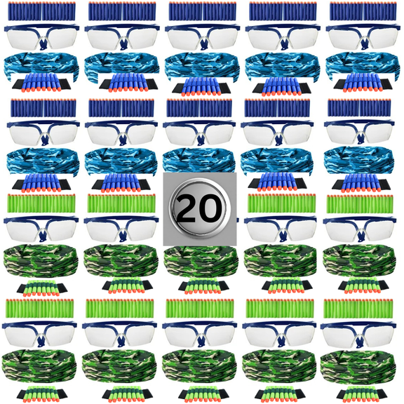 Wishery Accessories for Nerf Birthday Party, War - 20 Kids. Party Supplies, Favors Pack - Wristband, Safety Goggles, Foam Darts, Face Mask. Boys Age 5+