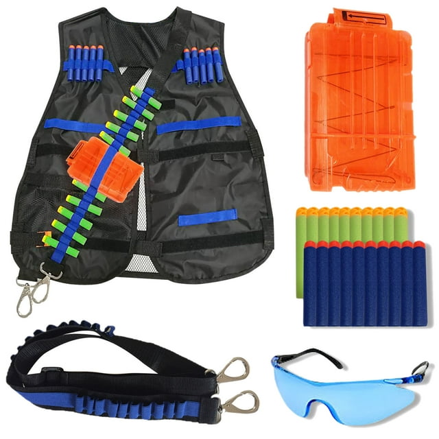 Wishery Nerf Guns Accessories for 1 Boy Tactical Vest Kit for Kids Compatible with N Strike Elite Series 20 Darts Vest Safety Eye Glasses Clip Bandolier