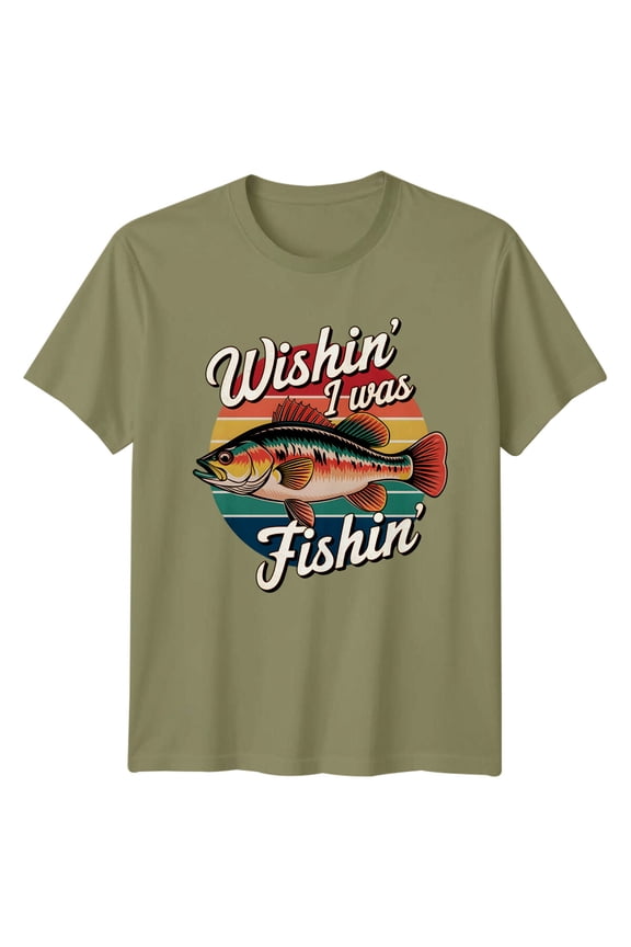 Wishin I Was Fishin Mouth Bass Fishing Hobbies Mens T-Shirt Tee All Size S-5XL