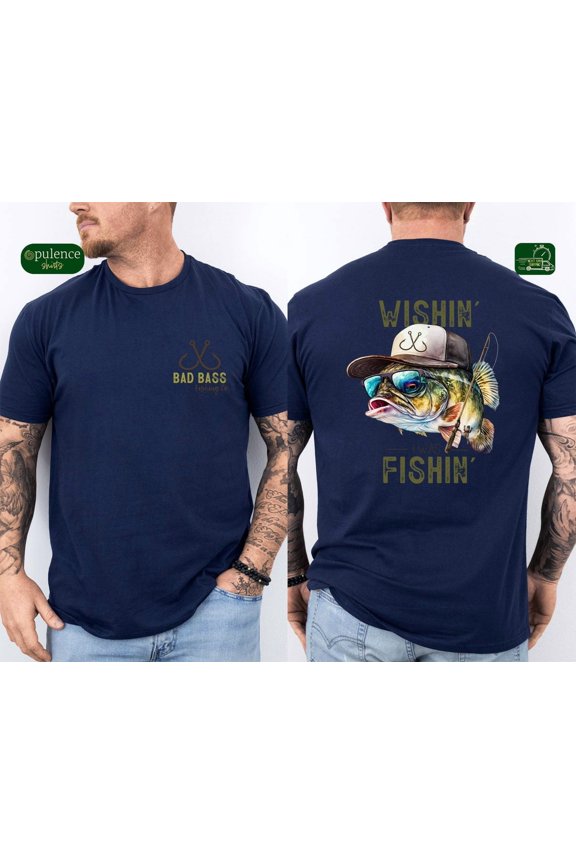 Wishin' I Was Fishin Shirt, Funny Fishing 2 Sided T-Shirt, Fathers Day Gift, Birthday, Men's Clothing Shirt,Navy Color,Size L