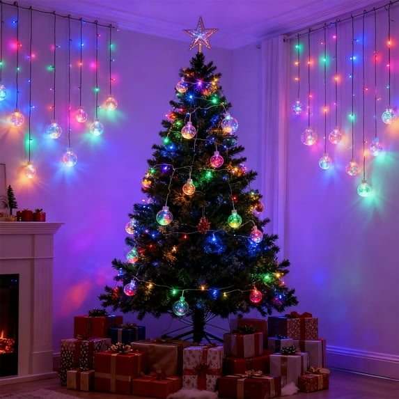 Wishing Ball Curtain Lights LED Window Curtain String Lights with Remote, USB Battery Powered Twinkle Globe Fairy Lights for Wedding Party Bedroom Christmas Decoration,137.8 In (Multicolor)