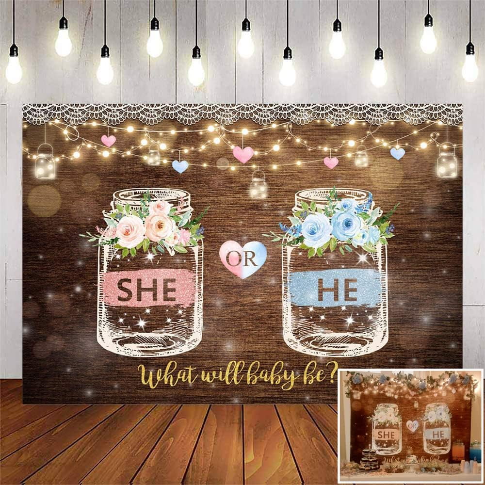 Wishing Bottle Gender Reveal Backdrop Brown Wood Rustic Floral Gender