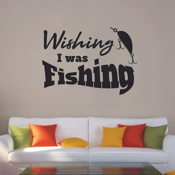 Wishing I Was Fishing Quote Fishing Fish Fishes Fisher Fisherman Motivation Quotes Wall Decal Sticker Vinyl Art Mural for Girls / Boys Home Room Walls Bedroom House Decor Decoration (18x20 inch)
