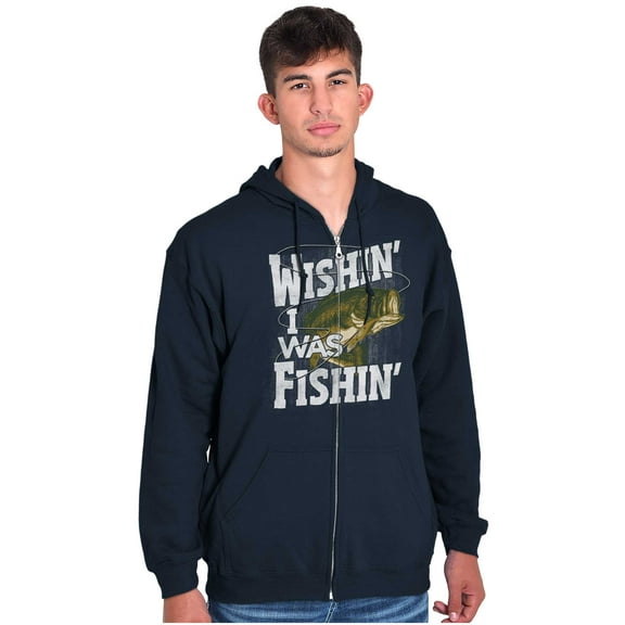 Wishing I was Fishing Largemouth Bass Unisex Fleece Graphic Zip Up Hoodie Brisco Brands 4X
