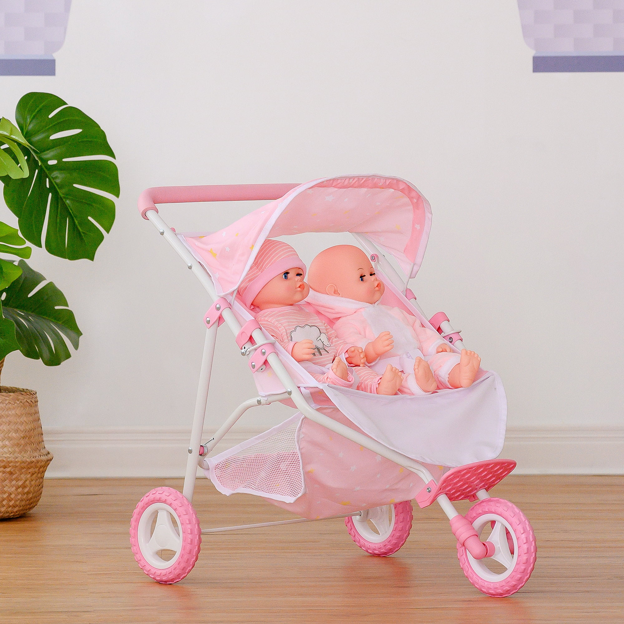 Wishing Stars Toy Double Pram Baby Doll Twin Stroller, Pink