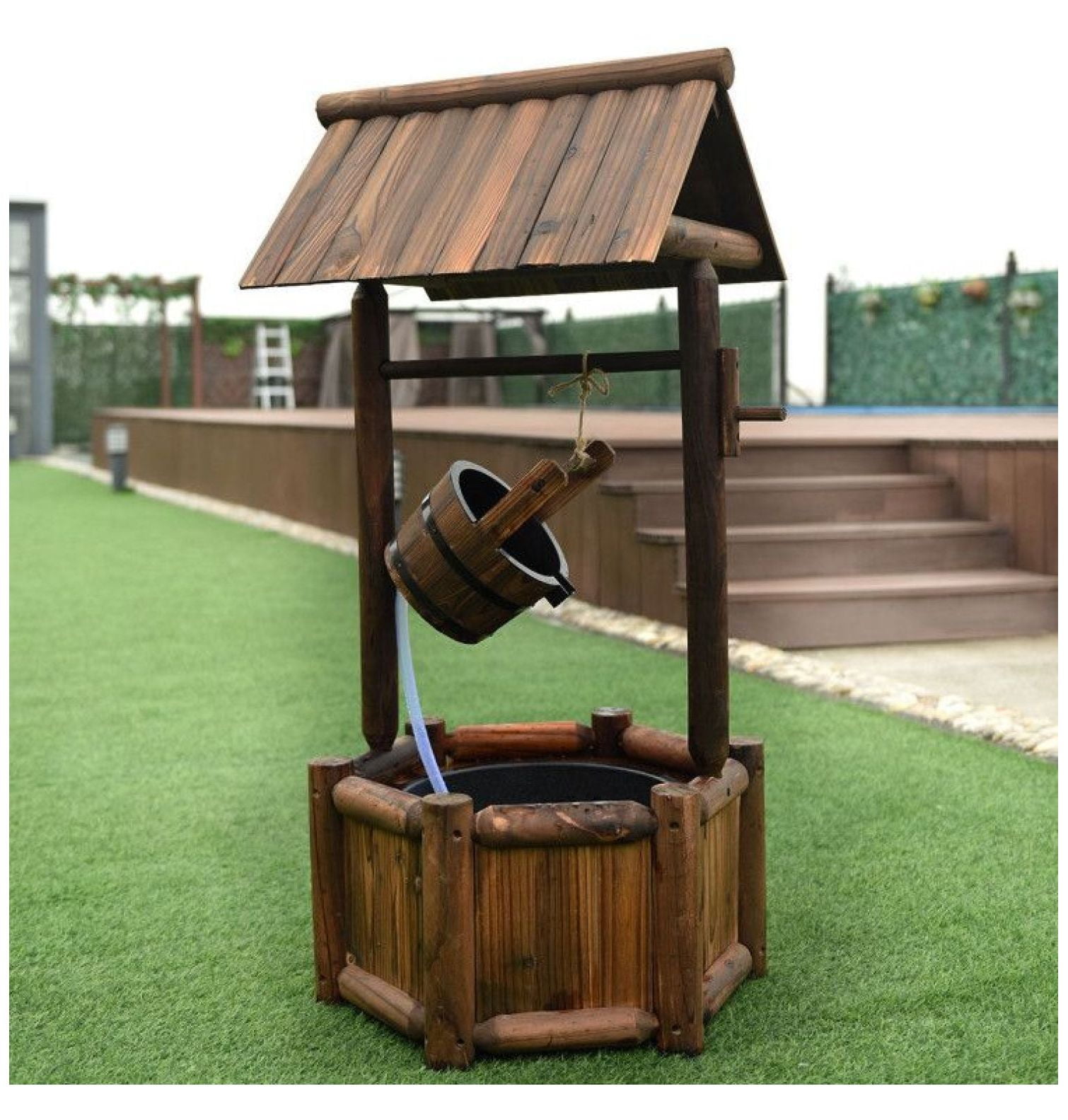 Wishing Well Fountain Outdoor, Fir Wood Water Feature with Electric Pump, Garden Decor for Patio Backyard