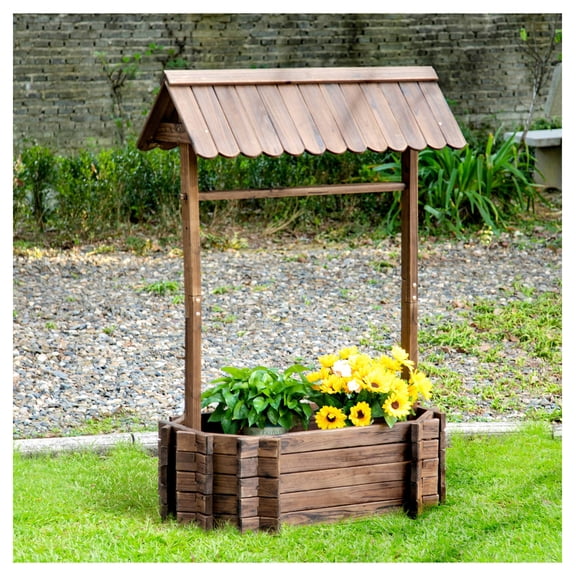 Wishing Well Garden Bed, Raised Wooden Planter for Flowers, Herbs, Vegetables - Rustic Outdoor Cottage Decor