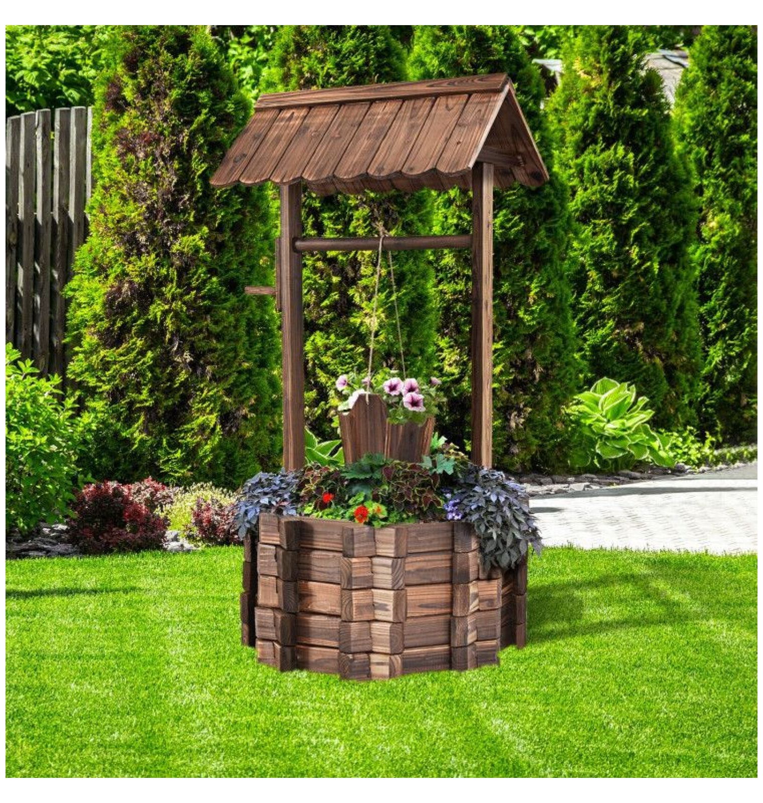 Wishing Well Planter Outdoor, Wooden Garden Decor with Bucket - Rustic