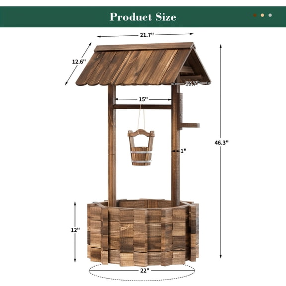 Wishing Well Planter Outdoor - Wooden Rustic Garden Decor with Hanging Bucket, Barrel Style Yard Fountain & Water Feature for Patio, Lawn & Outside (Reinforced Base)