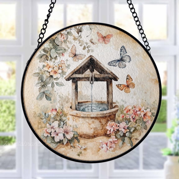 Wishing Well Stained Glass Suncatcher Metal Outdoor Decor Watercolor Vintage Garden Earthy Tone