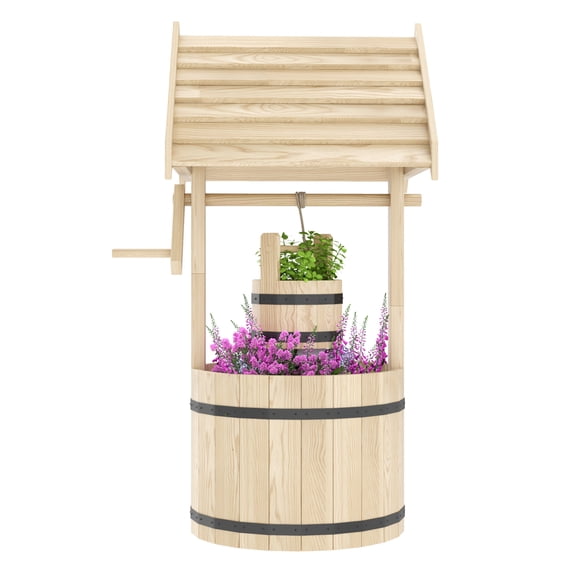 Wishing Well for Garden, Outdoor Wooden Well Planter with Bucket, Natural Fir Wood Wishing Well with Drainage for Patio Yard Decoration