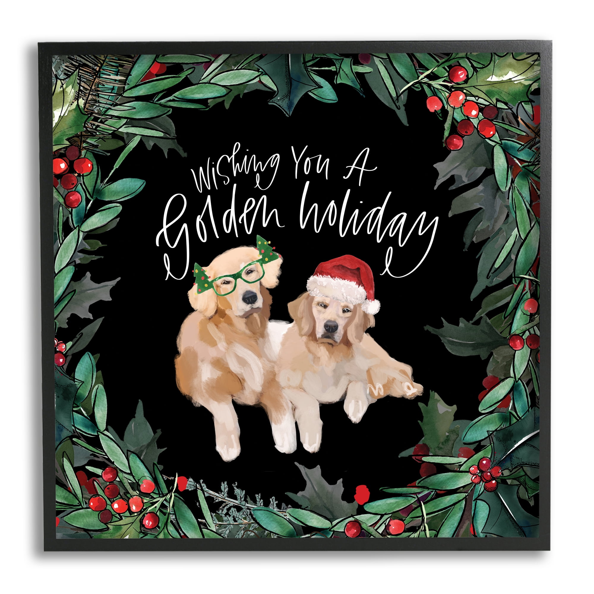 Wishing You a Golden Holiday Phrase Pet Dogs Animals & Insects Framed Art Print Wall Art, 17x17