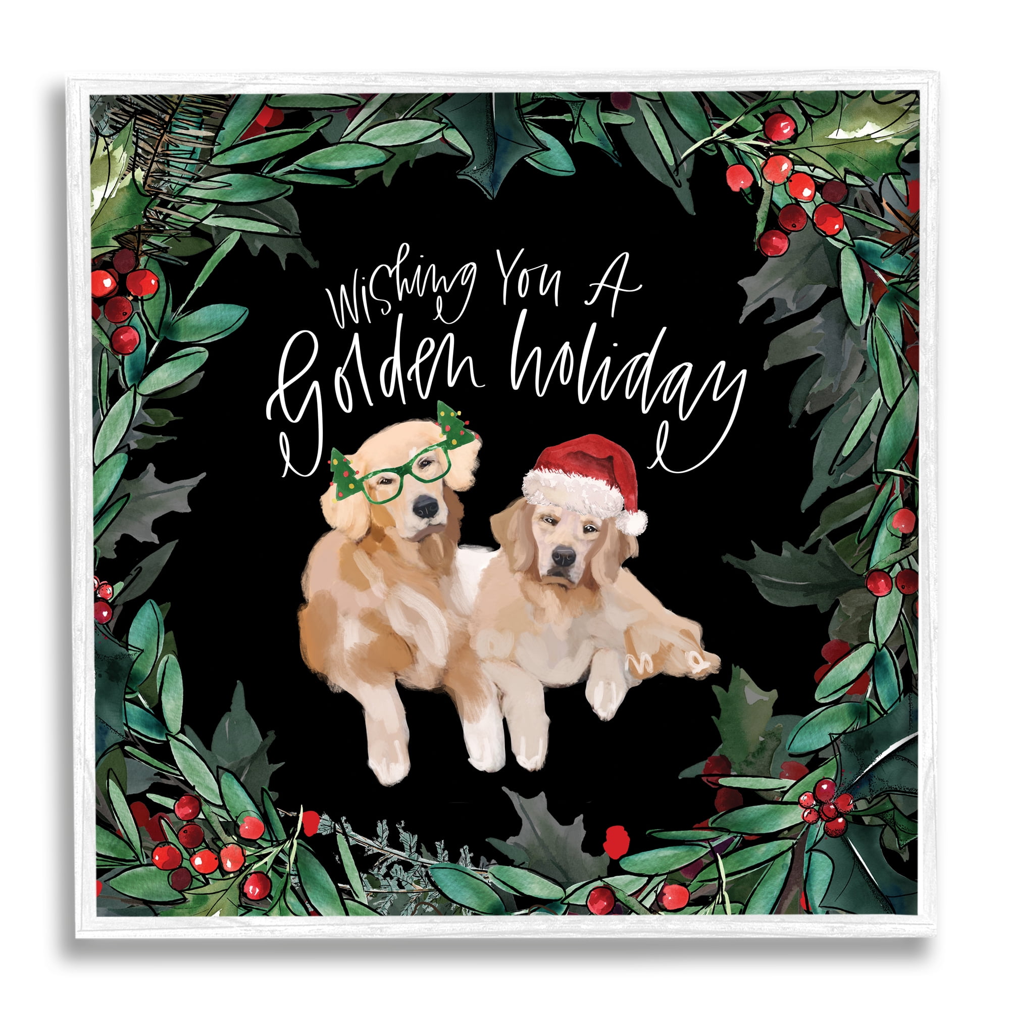 Wishing You a Golden Holiday Phrase Pet Dogs Animals & Insects Framed Art Print Wall Art, 17x17